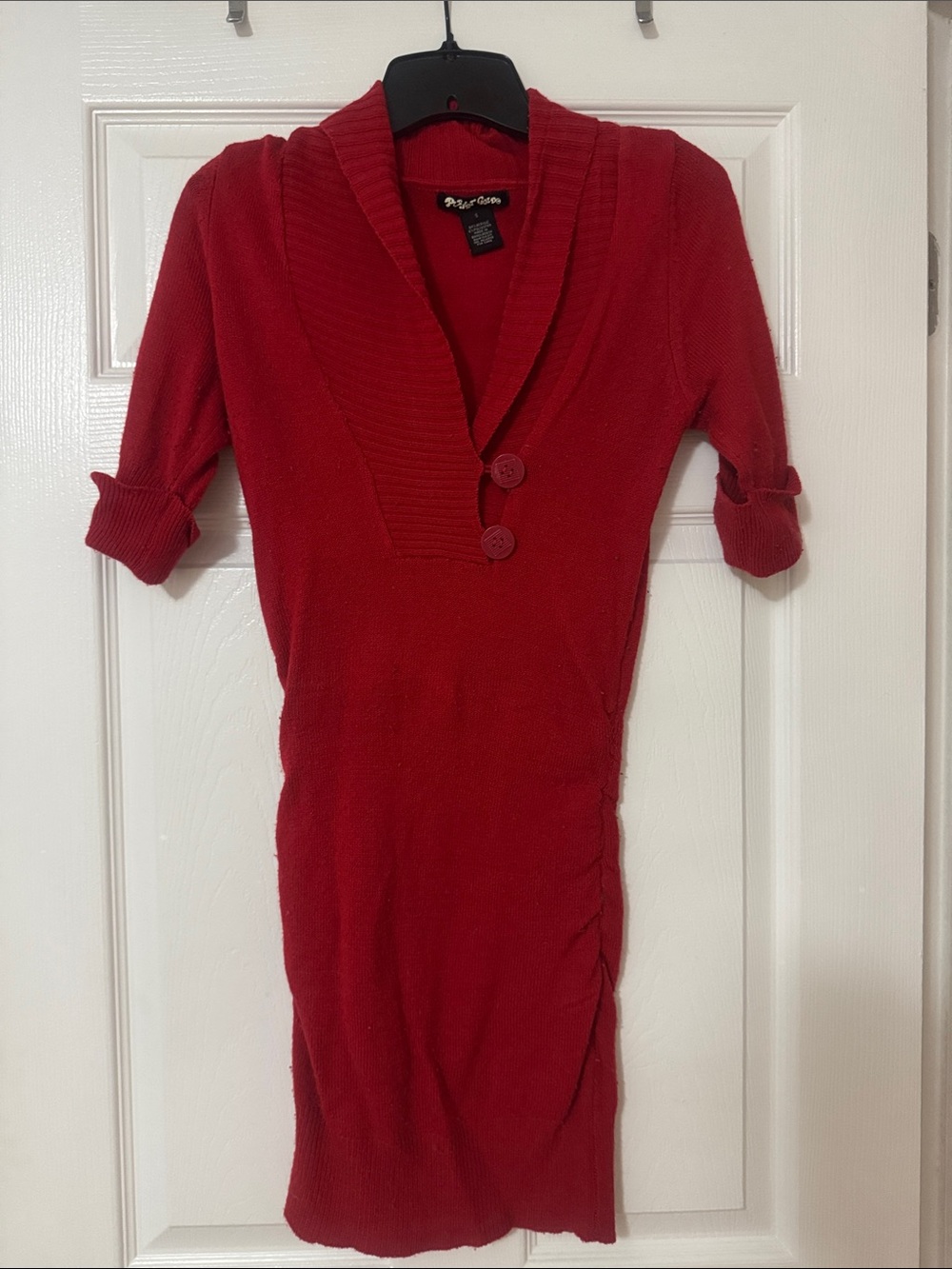Red Shawl-Collar Knit Dress with Button Detail